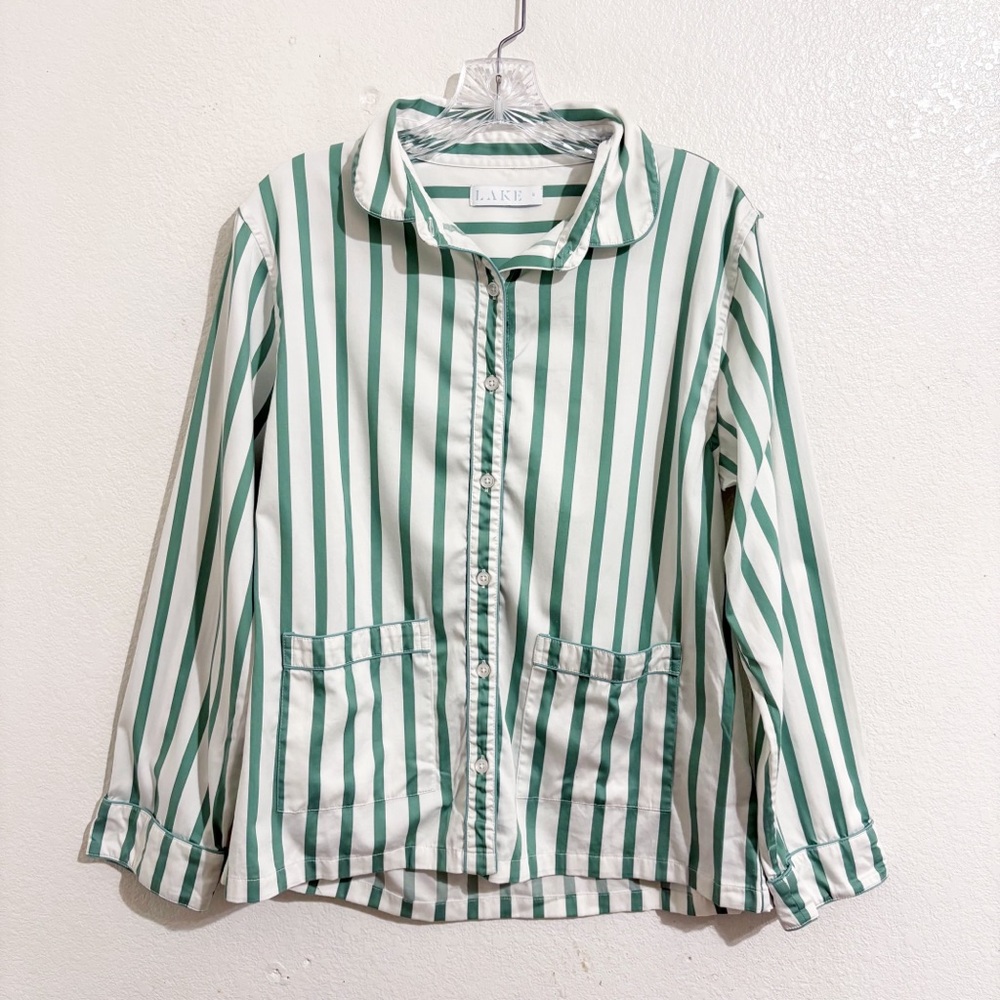 Lake Poplin Pocket Button Up Shirt Pajama Set Green & White Stripe (SHIRT ONLY)